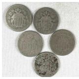 (5) 1800s US Shield Nickels, Some Partial Date