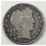 1898 Barber Silver Half Dollar, US 90%