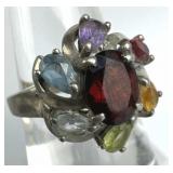 925 Silver Multi-Gem Floral Ring