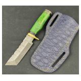 Damascus Steel Tanto Blade Knife, Green Handle