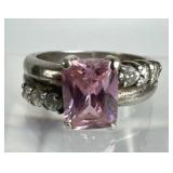 925 Silver Rectangular Pink CZ Doublerow Band Ring