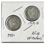 1901 & 1912-D Barber Silver Dimes, Nice Wreath