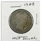 1908 Barber Silver Half Dollar, US 50c Coin