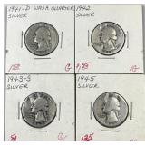 (4) 1941-45 Silver WWII Era Quarters, US