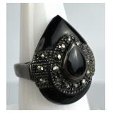 925 Silver Teardrop Black Onyx Marcasite Ring