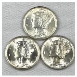 1944-P,D,S Mercury Silver Dimes, BU