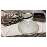 Misc cooking pans, aluminum pot, microwave trays,