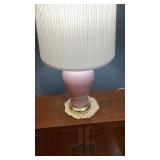 Pair of matching pink lamps with white shades, 29