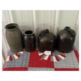 2 Brown Crock Jugs & 2 Crock Jars