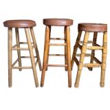 (3) Leather Seated Wooden Barstools