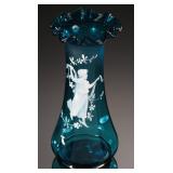 Antique Victorian Blue Mary Gregory Glass Bud Vase Hand Painted 