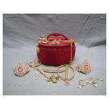 Red Jewelry Case with Vintage Costume Jewelry Set