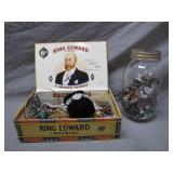 Cigar Box & Jar Full of Vintage Jewelry & Coins