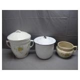 2 Antique Ironstone & Vintage Enamel Chamber Pots