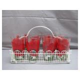 Set of 8 Red Poppy Flower Glasses w/ Carrier