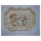 Vintage Toleware Tray, Large Scalloped Asian Scene