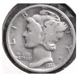 1931 S MERCURY DIME VF