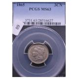 1865 PCGS MS63 3 CENT PIECE