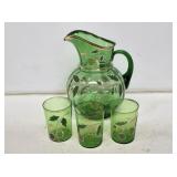 Handpainted Green Blown Glass 4 Piece Water Set