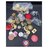 Assorted pins and tokens