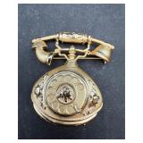 Vintage Rotary Telephone Pin Brooch Gold Tone