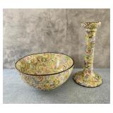 Antique Paisley Chintz Bowl & Candlestick