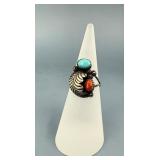 Eddie Chee Navajo Sterling Turquoise Coral Ring