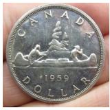 1959 Canada Silver Dollar Canoe Vintage Coin