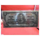 1937 Bank of Canada 5 Dollar Bill Gordon Towers