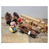 Wooden toys and pine cones.