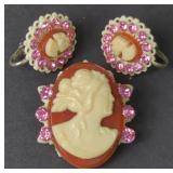 Vtg Cameo Brooch and Earrings with Pink Stones