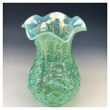 Fenton Green Opal Poppy Show Ruffled Vase