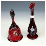 Fenton Red Decorated & Signed Bell & Bud Vase