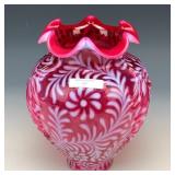 Fenton Cranberry Opal Daisy & Fern Vase