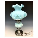 Fenton Blue Satin Decorated Lamp